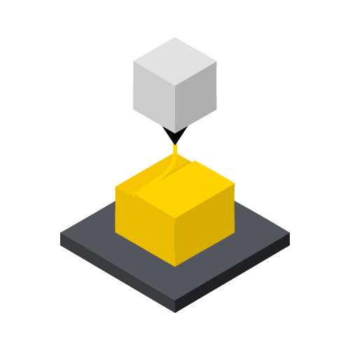 Contract 3D printing Services icon featuring a cube hot end 3D printing a yellow cube on a flat surface