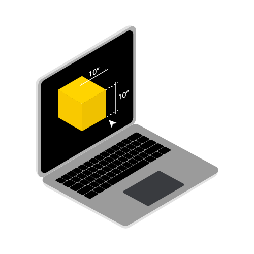 Design Services icon featuring a computer with a cube design with dimensions