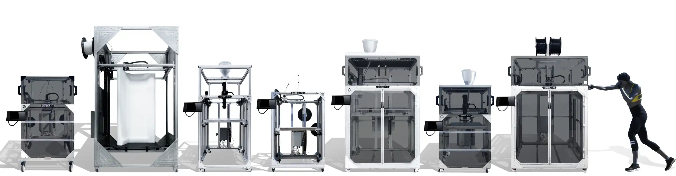 Gigabot and GigabotX 3D printers with a 3D printed mannequin