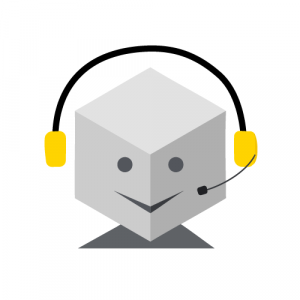 Customer support icon featuring a cube customer service humanoid