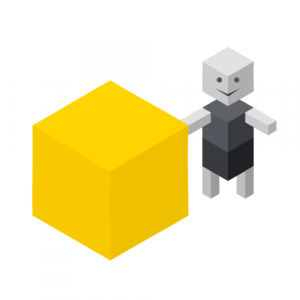 Human scale icon featuring a big cube and a cube humanoid standing besides it