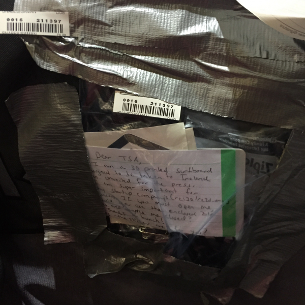 Knowing the board wouldn’t fit in the bag, we left a note to TSA explaining how important the board was to our team with zip ties to reseal the bag after inspection.
